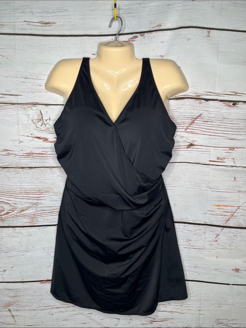 Denim & Co. Beach Size 16 Black Wrap Style One Piece Bathing Suit Swimdress
